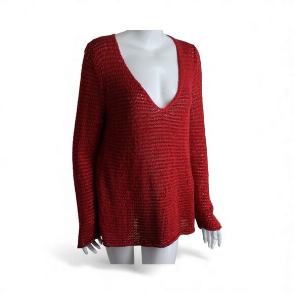 Chico's Sz 2/MBeachy Boho Lacy Ribbon Knit Gorgeous Linen V-Neck Tunic Sweater - Picture 1 of 10